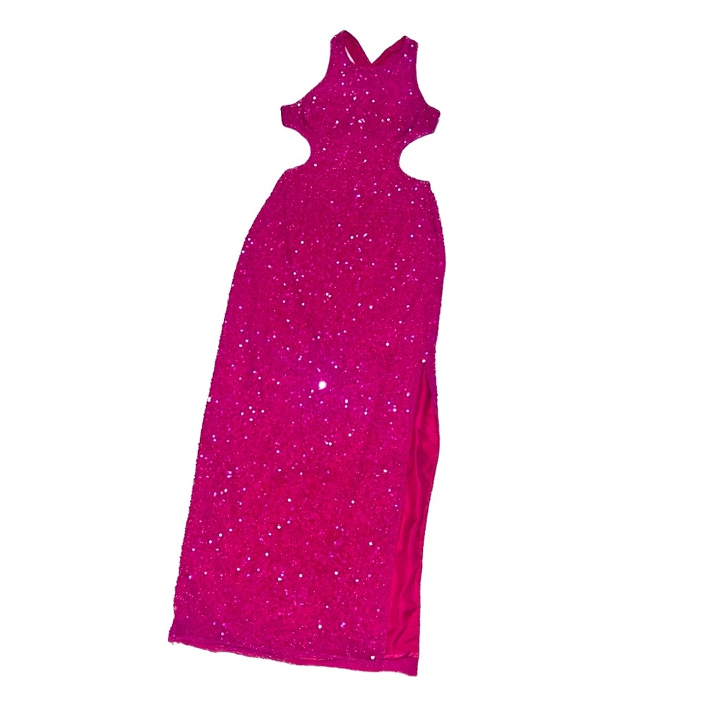 SCALA Vintage 1980’s Hot Pink Silk Sequin Beaded Backless Gown, size small - Picture 2 of 13